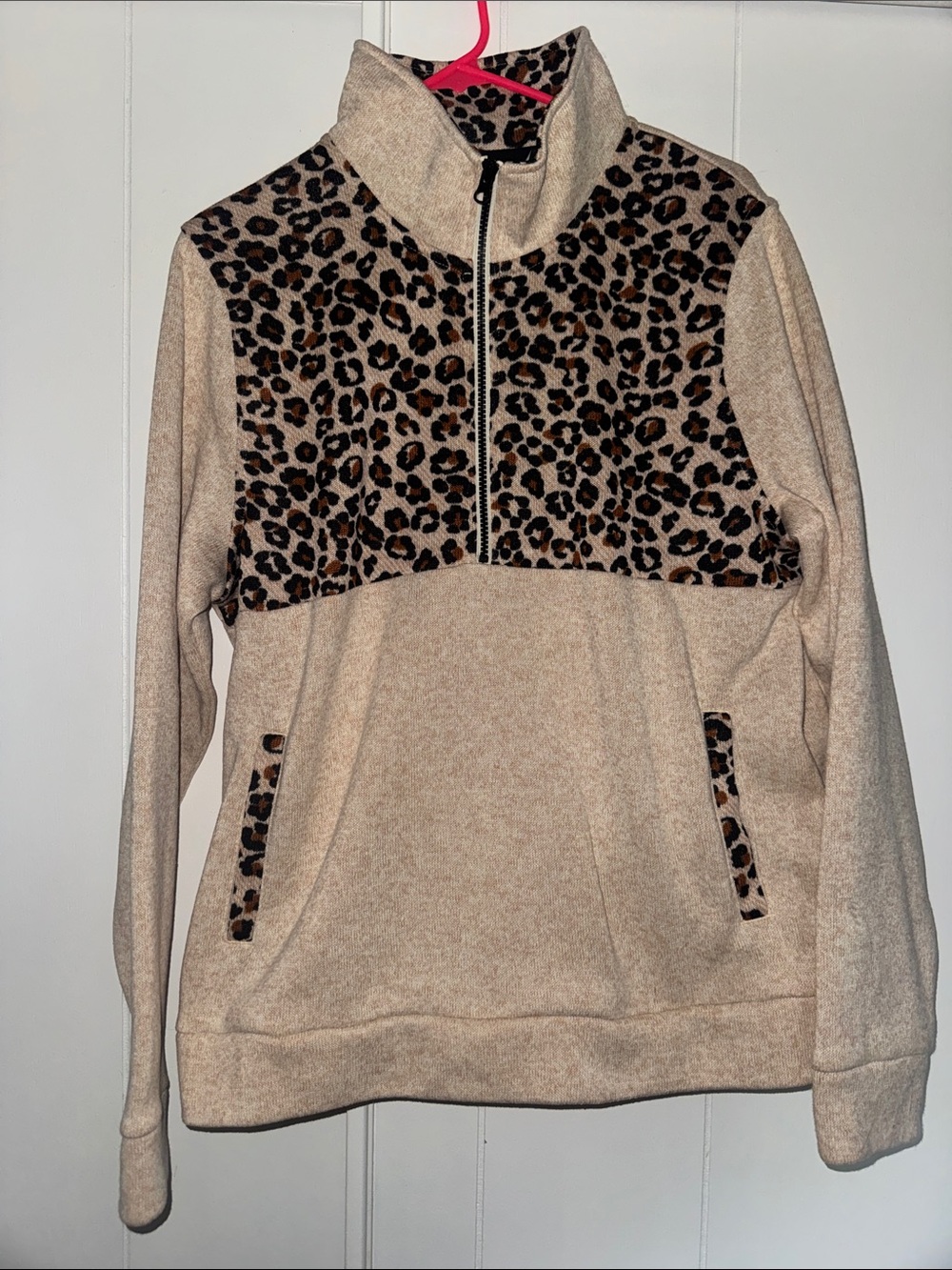 Cruel Girl Beige Half-Zip Pullover with Leopard Panel